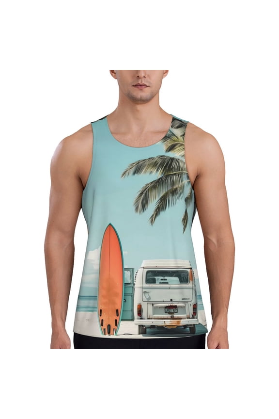 Vintage Surf Van Beach Print Men's Quick Dry Fitness Vest, Round Neck Sleeveless Fitness Bodybuilding Top-Medium