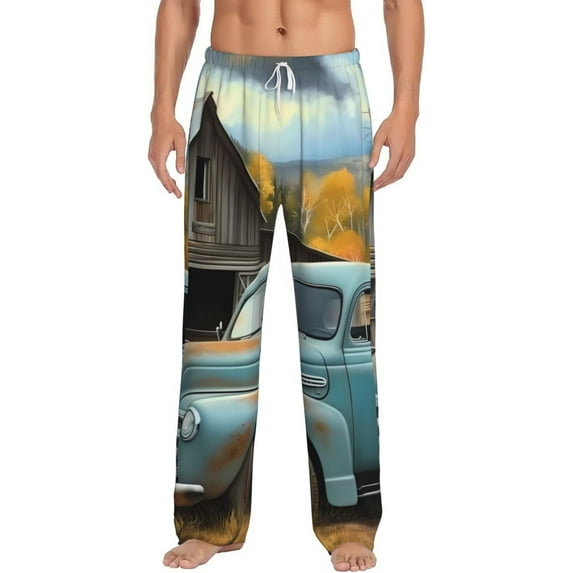 Gukieu Vintage Truck Farm Scene Print Men's Home Trousers, Elastic Drawstring Home Pajamas Clothing Suitable for Adult Men-Small