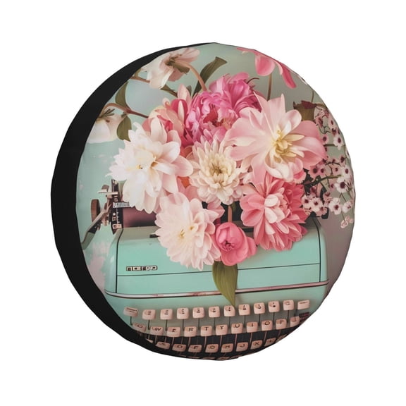 Gukieu Vintage Typewriter Floral Print Car Tire Cover, Adjustable Waterproof and Dustproof Tire Protection Cover, Suitable for SUV, Truck, Van-17 inch