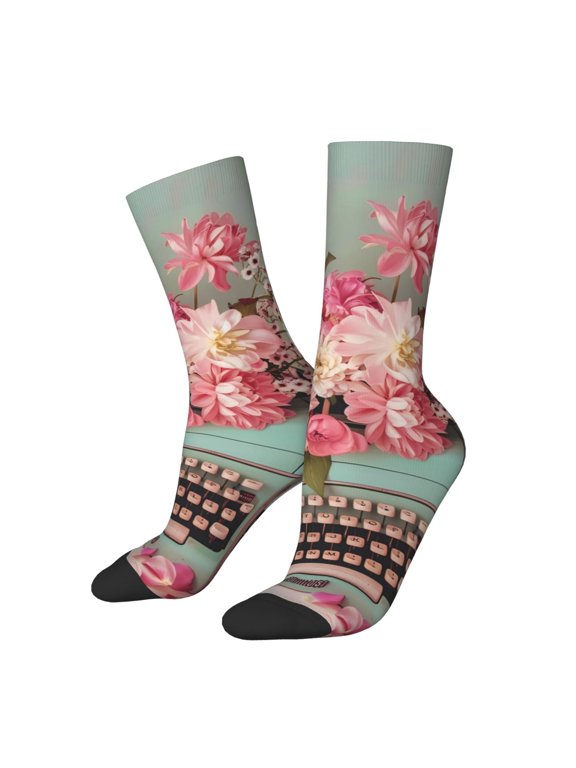 Vintage Typewriter Floral Print Contrast Color Mid-calf Socks, Sweat-wicking Athletic Socks, Unisex Clothing Accessories