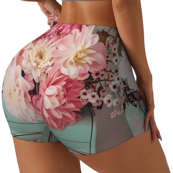 Gukieu Vintage Typewriter Floral Print Women's Sports Shorts, Elastic Waist High Stretch Running Yoga Gym Sweatpants-Medium