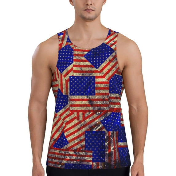 Gukieu Vintage USA Flag Print Men's Quick Dry Fitness Vest, Round Neck Sleeveless Fitness Bodybuilding Top-3X-Large
