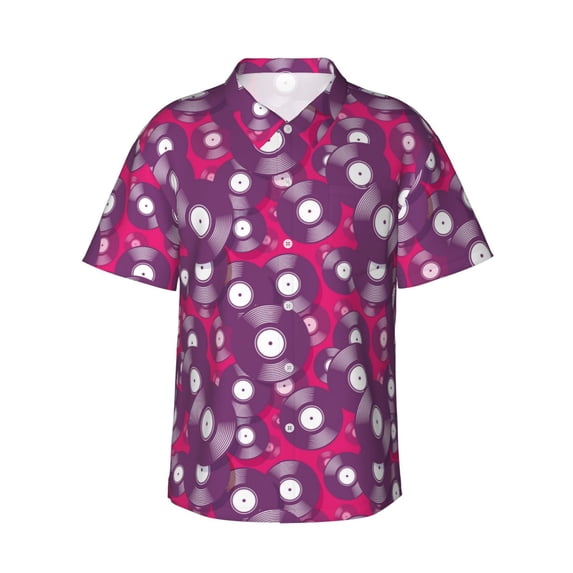 Gukieu Vintage Vinyl Record Print Men's Short-sleeved Shirts, Button-down Lapel Hawaiian Shirts, T-shirts, Beach Vacation Summer Casual Wear,Large