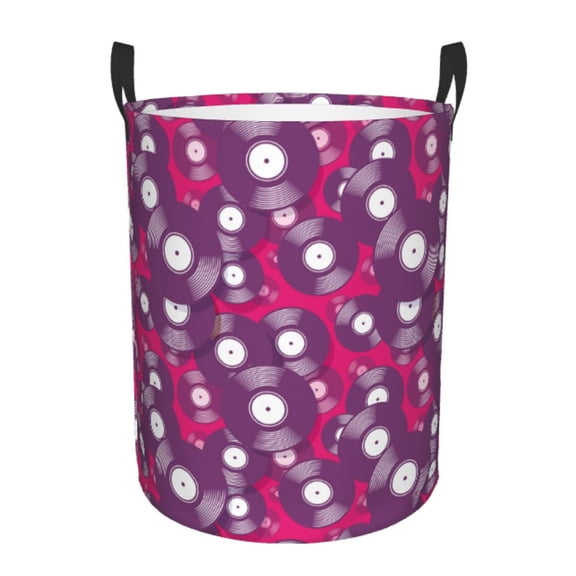 Gukieu Vintage Vinyl Record Print Round Dirty Clothes Bag, Waterproof Standing Home Bathroom Storage Basket Car Trunk Storage Bag-Small