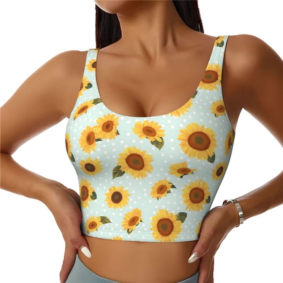 Gukieu Vintage White Polka Dot Sunflower Print Women's Sports Vest, Low-neck U-shaped Removable Pad Sports Bra for Yoga, Exercise, Dance-X-Large