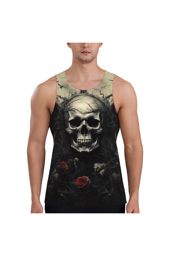 Vintage Winged Rose Skull Print Men's Quick Dry Fitness Vest, Round Neck Sleeveless Fitness Bodybuilding Top-Small