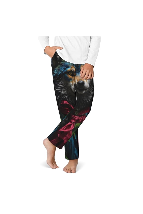 Vintage Wolf Warrior Print Youth Home Trousers, Elastic Waistband with Pockets for Home and Outing, Suitable for Children Aged 5-16-Medium