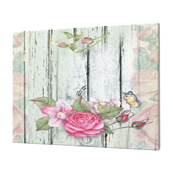 Gukieu Vintage Wood with Floral Print Horizontal Canvas Decorative Painting 12x16 Inch Shrinkage Resistant Frame Hanging Home Wall Art Decor