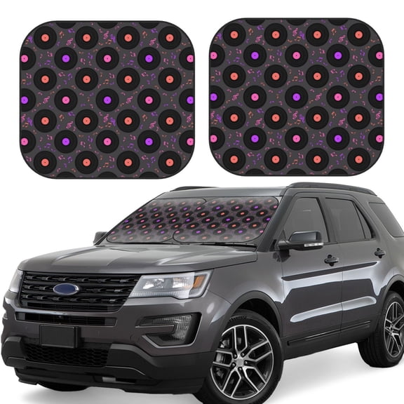 Gukieu Vinyl Records Musical Notes Print Car Windshield Sun Visor, Foldable Anti-UV Car Sun Visor Suitable for Vans, Trucks Car Accessories-Small