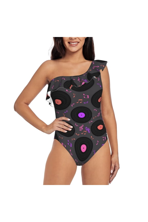 Vinyl Records Musical Notes Print One-shoulder Ruffled One-piece Swimsuit with Removable Chest Pads and Tummy-control Swimsuit for Women-Medium