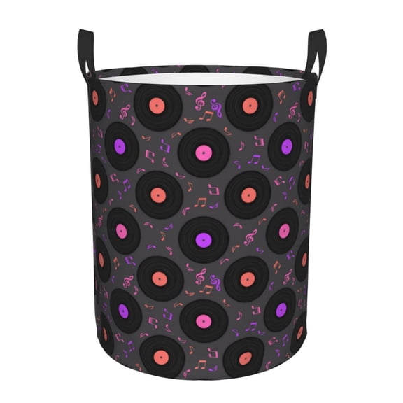 Gukieu Vinyl Records Musical Notes Print Round Dirty Clothes Bag, Waterproof Standing Home Bathroom Storage Basket Car Trunk Storage Bag-Small