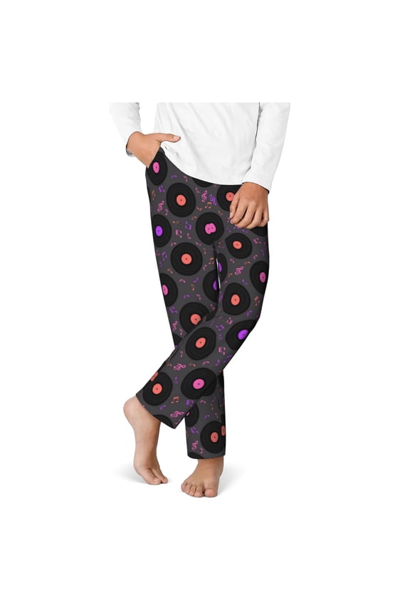 Vinyl Records Musical Notes Print Youth Home Trousers, Elastic Waistband with Pockets for Home and Outing, Suitable for Children Aged 5-16-Small
