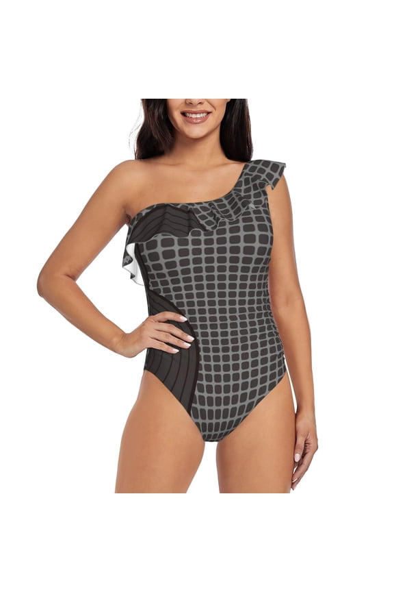 Vinyl Records Print One-shoulder Ruffled One-piece Swimsuit with Removable Chest Pads and Tummy-control Swimsuit for Women-Medium