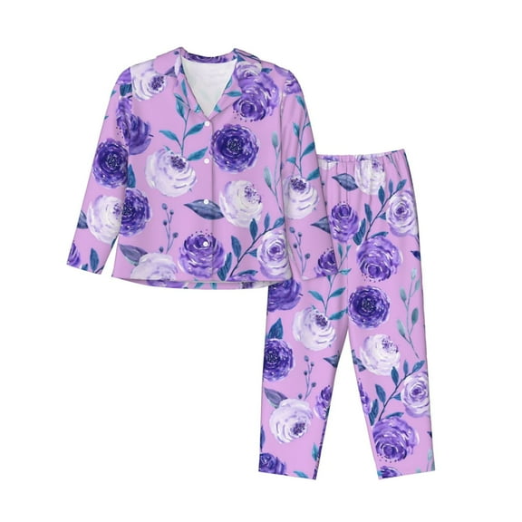 Gukieu Violet Print Women's Long Sleeve Pajama Set, Button Top Elastic Pocket Pajama Pants Two Piece Set Home Wear-Small