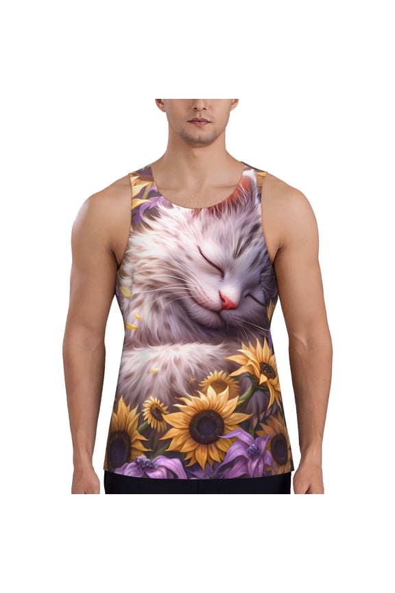 Warm Sunflower Sleeping Cat Print Men's Quick Dry Fitness Vest, Round Neck Sleeveless Fitness Bodybuilding Top-Medium