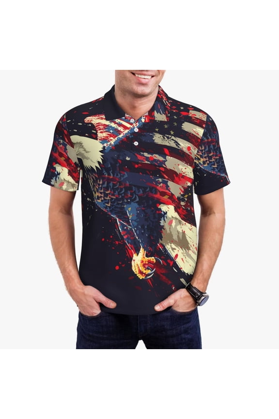 Watercolor Bald Eagle Print Men's Quick-drying POLO Shirt, Button-down Summer T-shirt, Suitable for Work and Outdoor Activities-X-Large