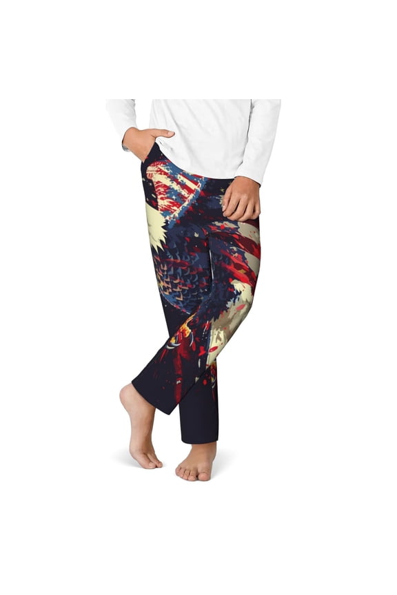 Watercolor Bald Eagle Print Youth Home Trousers, Elastic Waistband with Pockets for Home and Outing, Suitable for Children Aged 5-16-Large