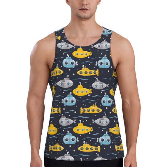Gukieu Watercolor Bathyscaphe Print Men's Quick Dry Fitness Vest, Round Neck Sleeveless Fitness Bodybuilding Top-Medium