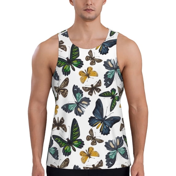 Gukieu Watercolor Butterflies Print Men's Quick Dry Fitness Vest, Round Neck Sleeveless Fitness Bodybuilding Top-X-Large