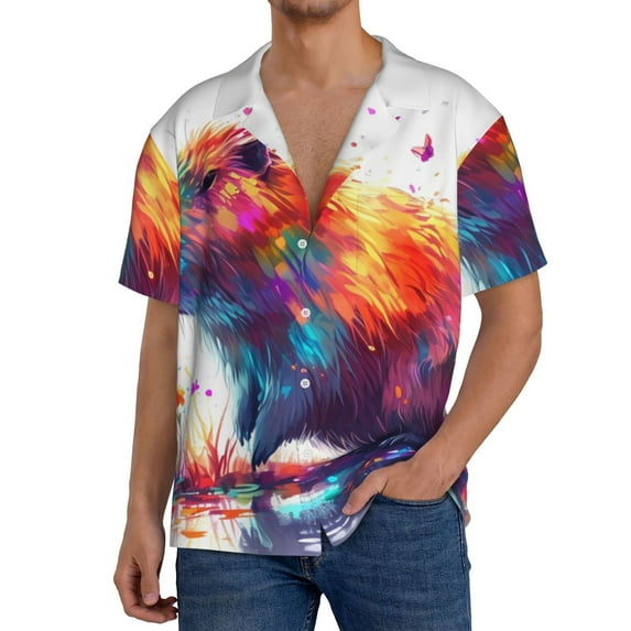 Gukieu Watercolor Butterfly Guinea Pig Print Men's Short-sleeved Shirts, Button-down Pocket Shirts, T-shirts, Beach Vacation Travel Summer Clothing-Medium