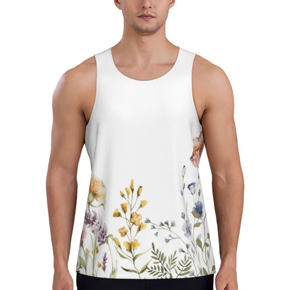 Gukieu Watercolor Floral Print Men's Quick Dry Fitness Vest, Round Neck Sleeveless Fitness Bodybuilding Top-3X-Large