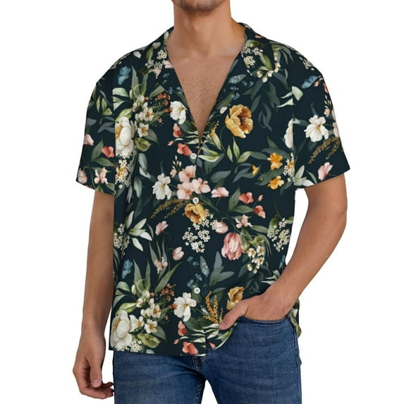 Gukieu Watercolor Floral Print Men's Short-sleeved Shirts, Button-down Pocket Shirts, T-shirts, Beach Vacation Travel Summer Clothing-Medium