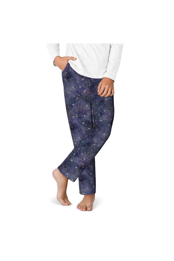 Watercolor Indigo Print Youth Home Trousers, Elastic Waistband with Pockets for Home and Outing, Suitable for Children Aged 5-16-Large