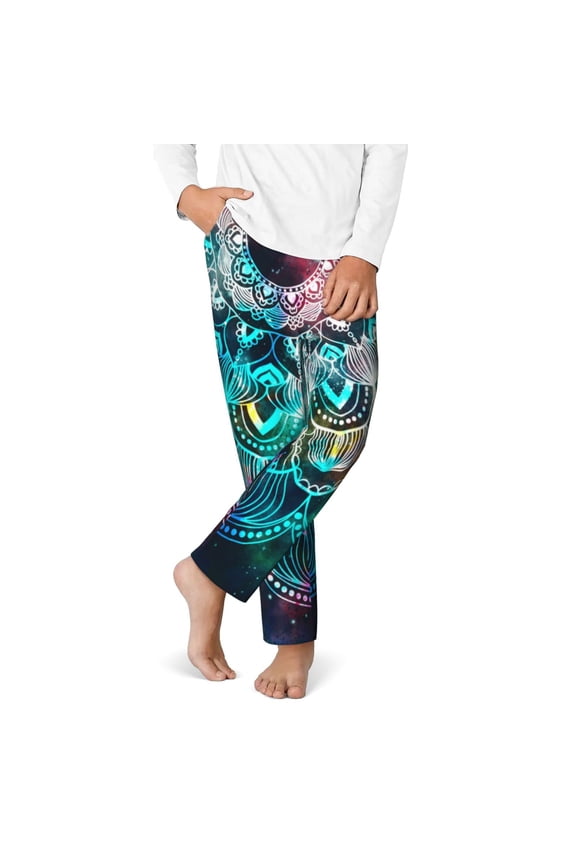 Watercolor Mandala Print Youth Home Trousers, Elastic Waistband with Pockets for Home and Outing, Suitable for Children Aged 5-16-Small