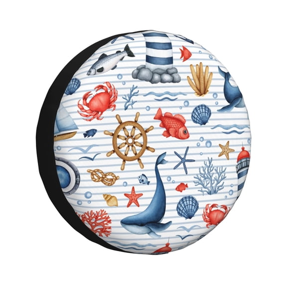 Gukieu Watercolor Nautical Print Car Tire Cover, Adjustable Waterproof and Dustproof Tire Protection Cover, Suitable for SUV, Truck, Van-14 inch