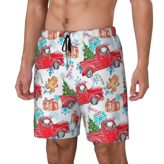Gukieu Watercolor Red Truck And Fir Tree Print Men's Double Layer Sports Swim Trunks, Quick Dry Adjustable Waist Swim Shorts Swimwear-Small