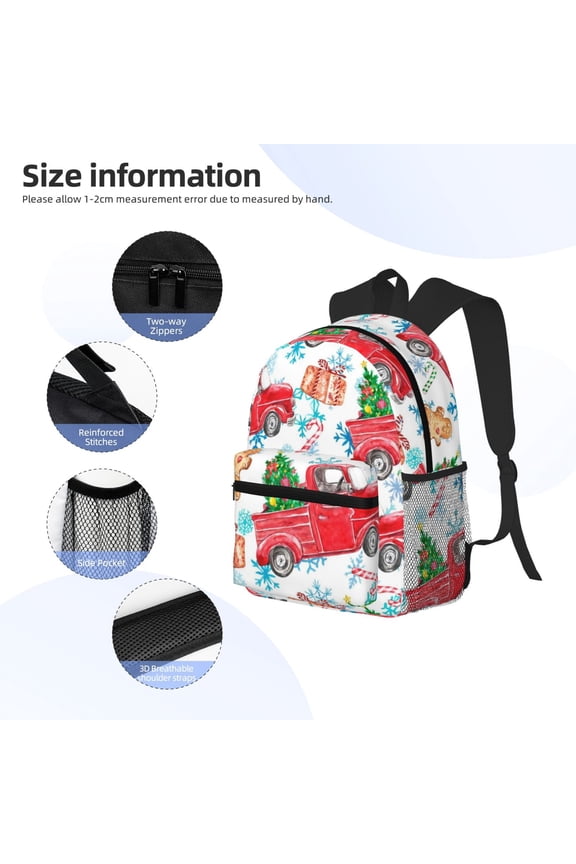 Watercolor Red Truck And Fir Tree Print Backpack, Waterproof Backpack with Adjustable Shoulder Straps, Suitable for Campus, Business, Travel, Unisex