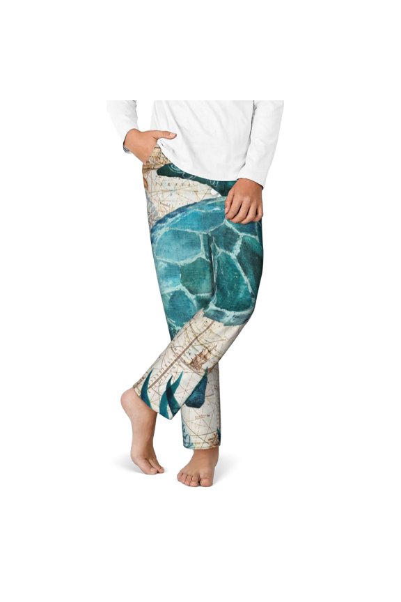 Watercolor Sea Turtle Print Youth Home Trousers, Elastic Waistband with Pockets for Home and Outing, Suitable for Children Aged 5-16-Medium