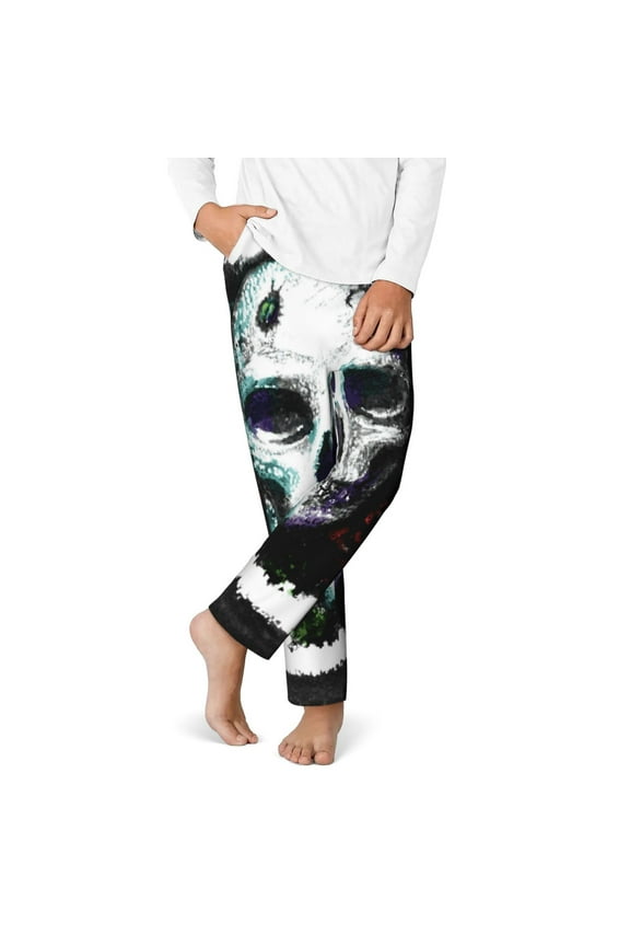 Watercolor Skull Print Youth Home Trousers, Elastic Waistband with Pockets for Home and Outing, Suitable for Children Aged 5-16-Large
