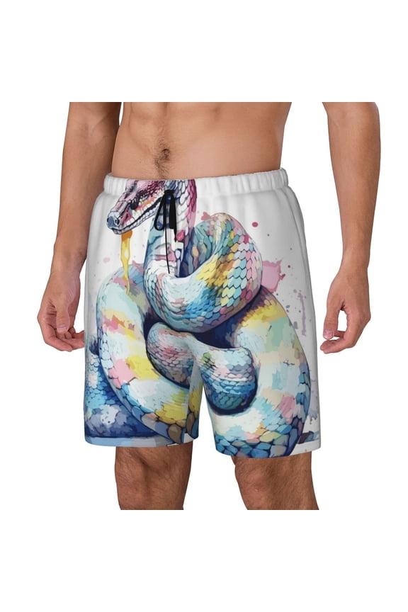 Watercolor Snake Print Men's Double Layer Sports Swim Trunks, Quick Dry Adjustable Waist Swim Shorts Swimwear-Large