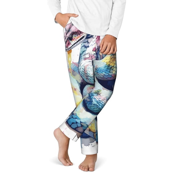 Gukieu Watercolor Snake Print Youth Home Trousers, Elastic Waistband with Pockets for Home and Outing, Suitable for Children Aged 5-16-Large