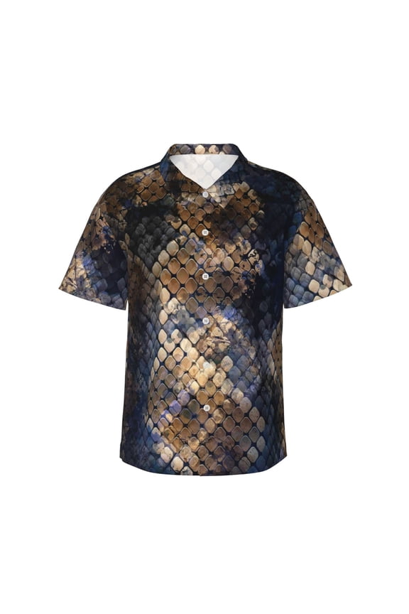 Watercolor Snake Skin Print Men's Short-sleeved Shirts, Button-down Lapel Hawaiian Shirts, T-shirts, Beach Vacation Summer Casual Wear,Large