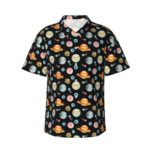 Gukieu Watercolor Space Planets Print Men's Short-sleeved Shirts, Button-down Lapel Hawaiian Shirts, T-shirts, Beach Vacation Summer Casual Wear,XX-Large
