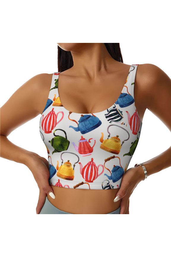 Watercolor Teapots Print Women's Sports Vest, Low-neck U-shaped Removable Pad Sports Bra for Yoga, Exercise, Dance-XX-Large