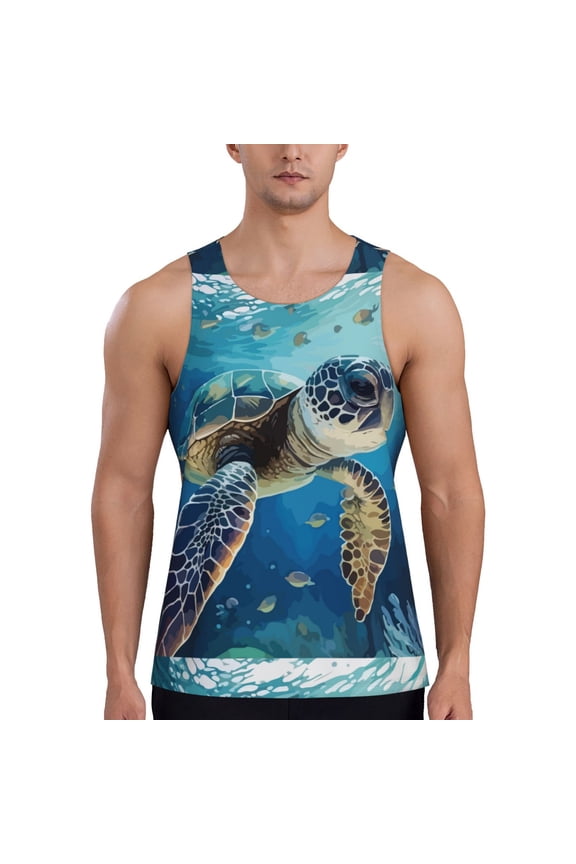 Watercolor Turtle Print Men's Quick Dry Fitness Vest, Round Neck Sleeveless Fitness Bodybuilding Top-XX-Large