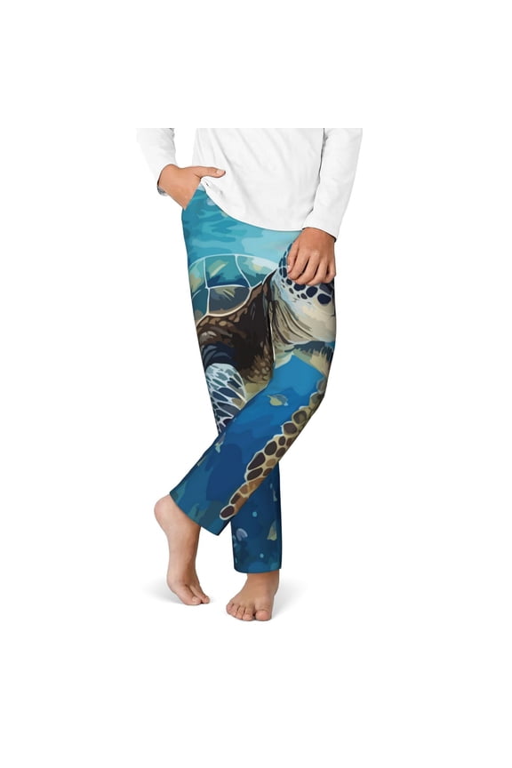 Watercolor Turtle Print Youth Home Trousers, Elastic Waistband with Pockets for Home and Outing, Suitable for Children Aged 5-16-XS(5-6)