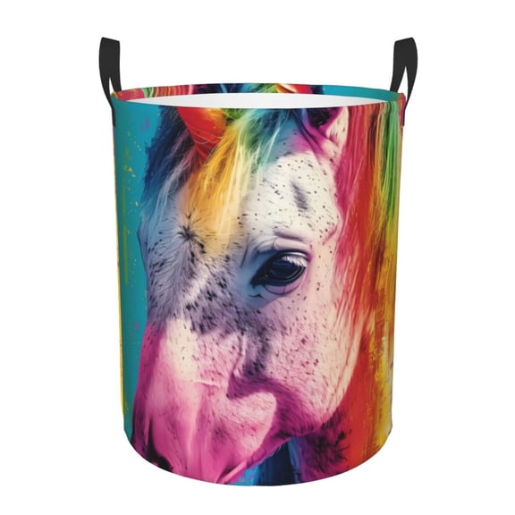 Gukieu Watercolor White Horse Print Round Dirty Clothes Bag, Waterproof Standing Home Bathroom Storage Basket Car Trunk Storage Bag-Small