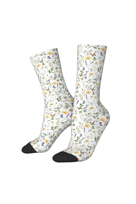 Watercolor Wildflower 2 Print Contrast Color Mid-calf Socks, Sweat-wicking Athletic Socks, Unisex Clothing Accessories