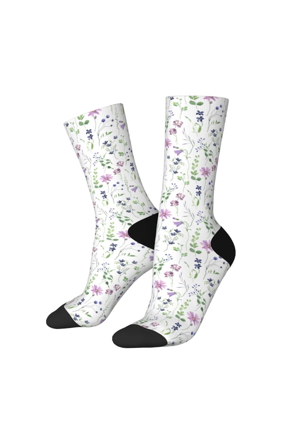 Watercolor Wildflower Print Contrast Color Mid-calf Socks, Sweat-wicking Athletic Socks, Unisex Clothing Accessories