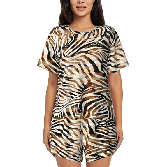 Gukieu Watercolor Zebra Print Women's Short-sleeved Pajama Set, Round Neck Button Top Elastic Shorts 2-piece Set, Summer Home Leisure Clothing-3X-Large