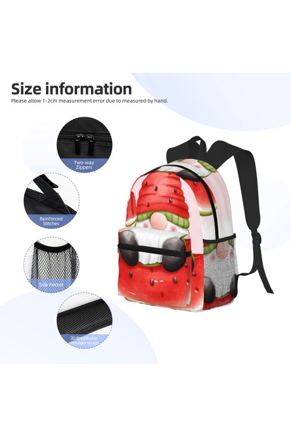 Watermelon Gnome Print Backpack, Waterproof Backpack with Adjustable Shoulder Straps, Suitable for Campus, Business, Travel, Unisex