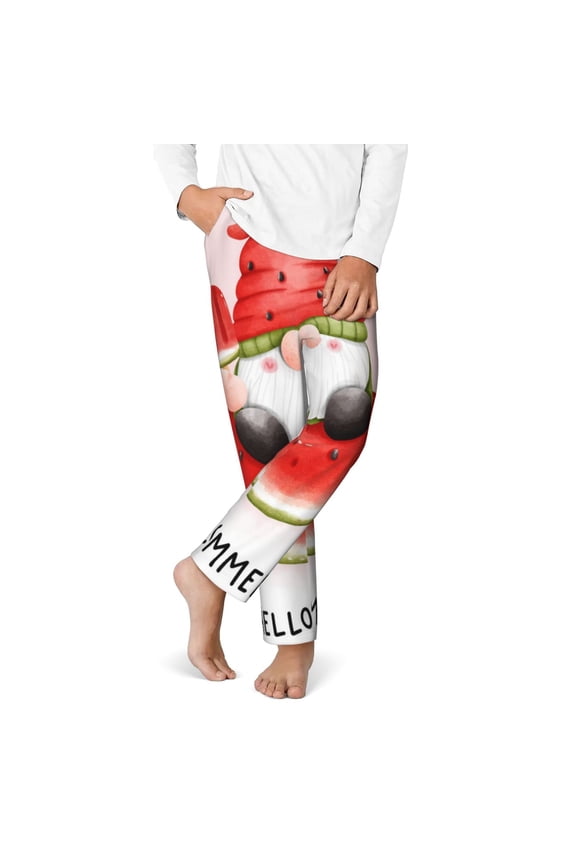 Watermelon Gnome Print Youth Home Trousers, Elastic Waistband with Pockets for Home and Outing, Suitable for Children Aged 5-16-Large