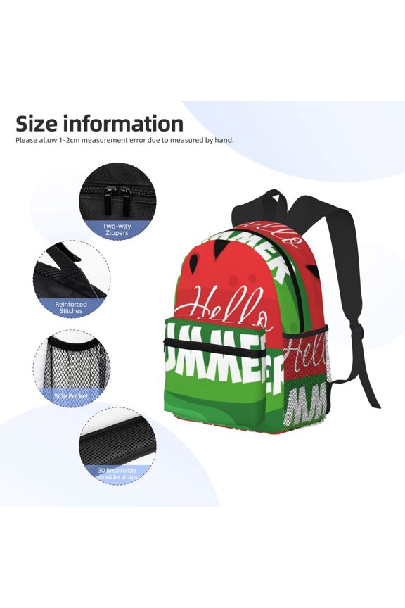 Watermelon Hello Summer Print Backpack, Waterproof Backpack with Adjustable Shoulder Straps, Suitable for Campus, Business, Travel, Unisex