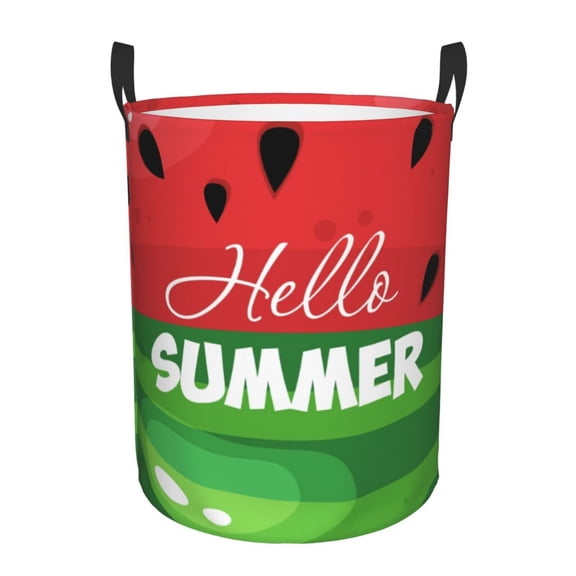Gukieu Watermelon Hello Summer Print Round Dirty Clothes Bag, Waterproof Standing Home Bathroom Storage Basket Car Trunk Storage Bag-Medium