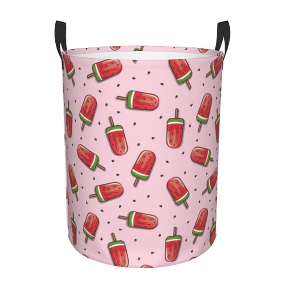 Gukieu Watermelon Ice Cream Print Round Dirty Clothes Bag, Waterproof Standing Home Bathroom Storage Basket Car Trunk Storage Bag-Small