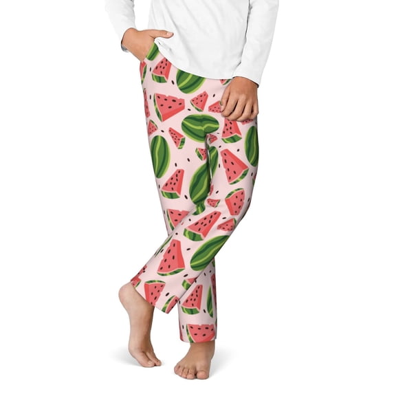 Gukieu Watermelon Print Youth Home Trousers, Elastic Waistband with Pockets for Home and Outing, Suitable for Children Aged 5-16-XS(5-6)